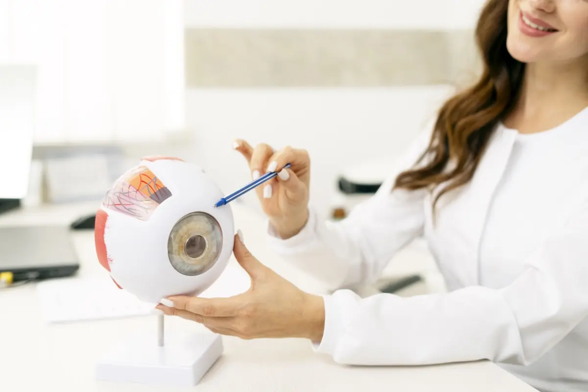 Médica mostrando um modelo anatômico do olho
